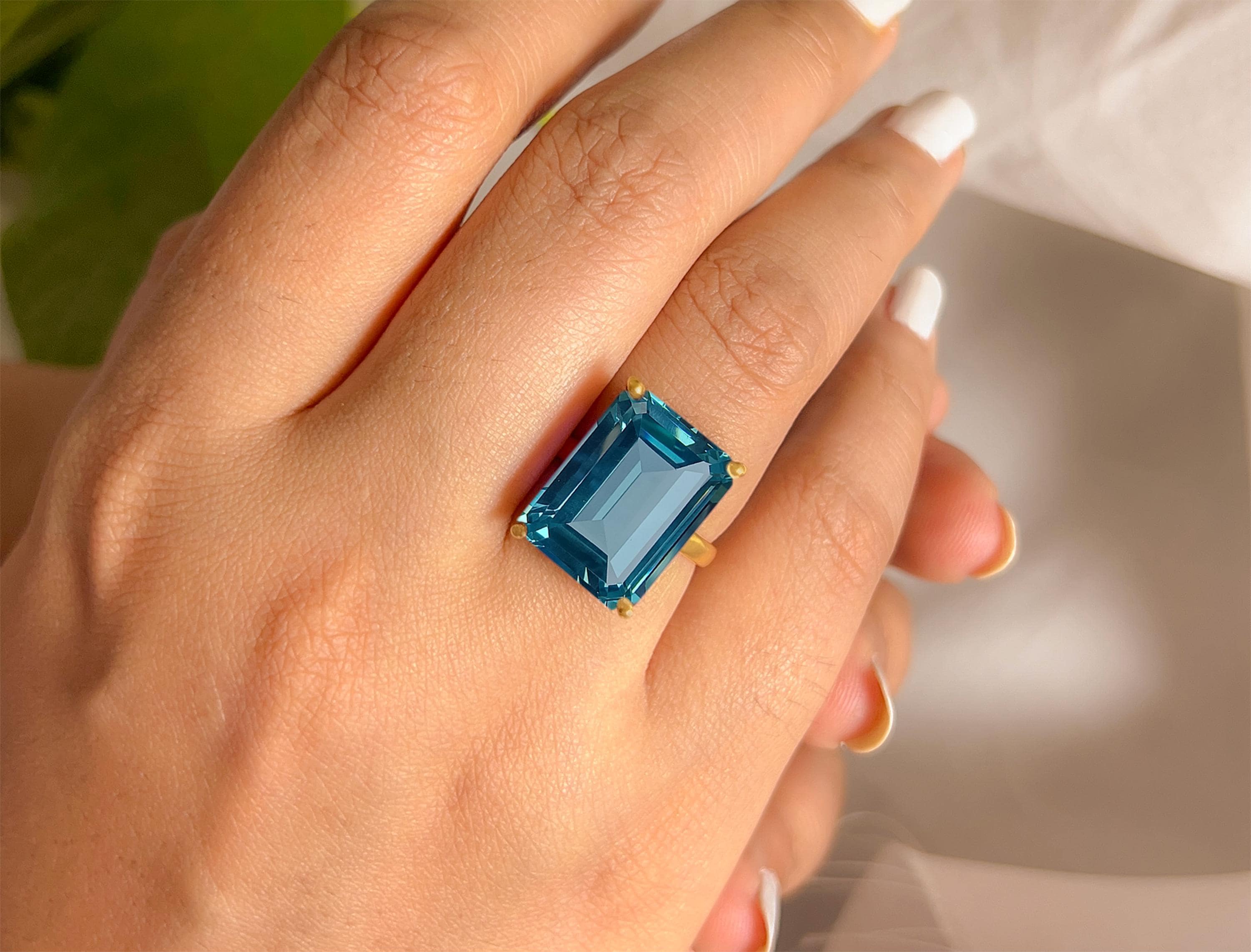 Aquamarine 12 x 16 Emerald Cut Ring,925 Sterling Silver, 14k Gold Vermeil, March Birthstone, Statement Women Ring Gift, Sparkle Aquamarine