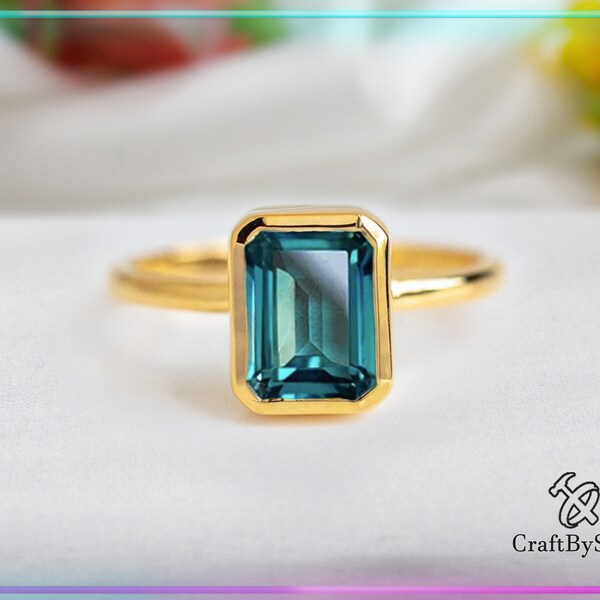 Green Blue Sapphire Ring, Emerald Cut 7 x 9 Bezel Set, 14k Gold Filled or Sterling Silver, Teal Sapphire Dainty Ring, September Birthstone