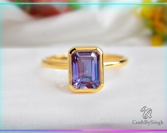 Dainty Alexandrite Gemstone Ring, Blue Purple Bi Color Stone, Mothers Gift, Solid Handmade Solitaire, 14k Gold Filled, Bezel Set 925 Silver