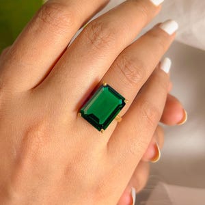 Green Emerald Ring, Emerald Cut 12 x 16 mm Gemstone, 14k Gold Vermeil 925 Sterling Silver,Vintage Solitaire Ring, May Birthstone, Women Ring