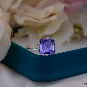 Asscher Cut Tanzanite Ring: 14k Gold Vermeil Sterling Silver Solitaire