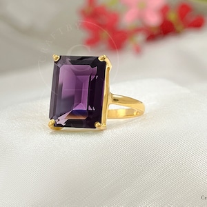 Amethyst Statement Ring, 12 x 16 octagon Emerald Cut Purple Amethyst Ring,925 Sterling Silver 14k Gold Vermeil Prong Set Handmade,Women Ring