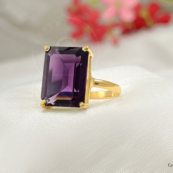 Amethyst Statement Ring, 12 x 16 octagon Emerald Cut Purple Amethyst Ring, 925 Sterling Silver 18k Gold Fill Prong Set Handmade  Women Ring