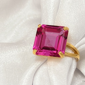 Rubellite Ring, 16mm Square Statement Ring, 925 Silver, 14k Gold, Pink Cocktail Solitaire Ring, Women Gift Ring, Handmade Anniversary Gift