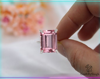 Emerald Cut Morganite Ring, Solid 925 Silver or 18k Gold Filled, Rectangular 12 x 16mm Pink Morganite Statement Wedding Engagement Ring