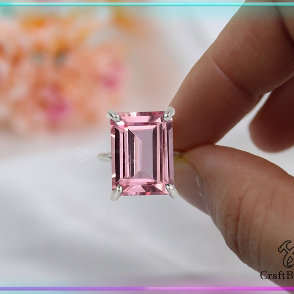 Anillo de morganita de talla esmeralda, plata sólida 925 o oro de 18 k relleno, anillo de compromiso de boda rectangular de morganita rosa de 12 x 16 mm