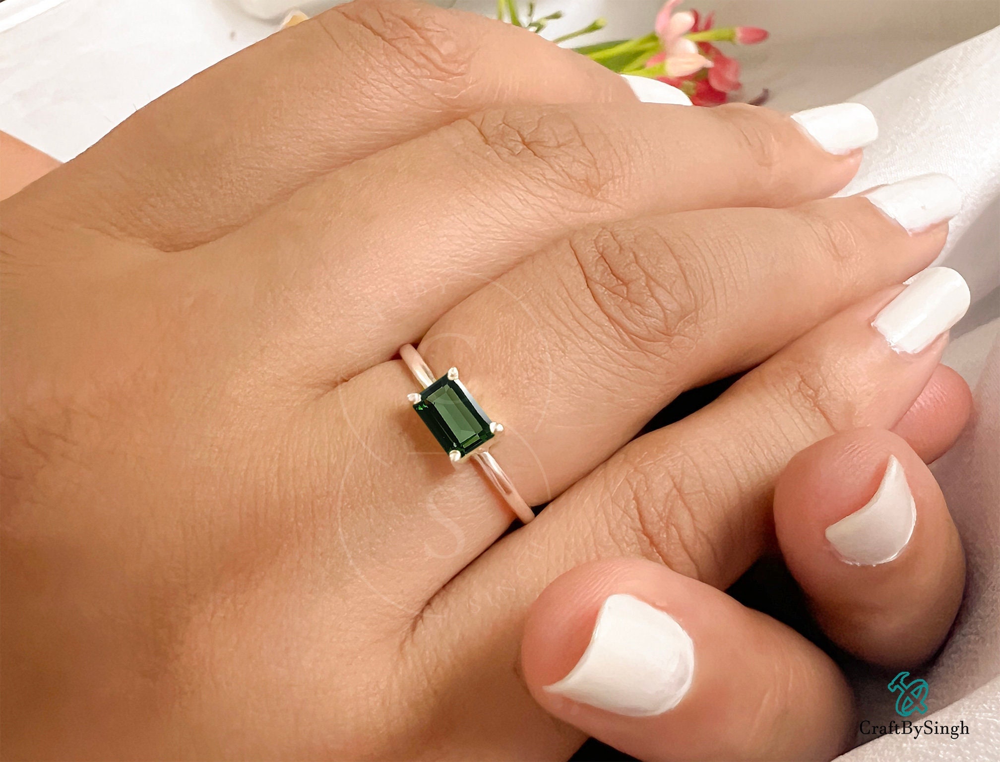 Tiny Green Tourmaline Ring, 14k Gold Vermeil Tourmaline Ring,Wedding Engagement Ring, Baguette Solitaire Ring,Stacking Minimalist 925 Silver