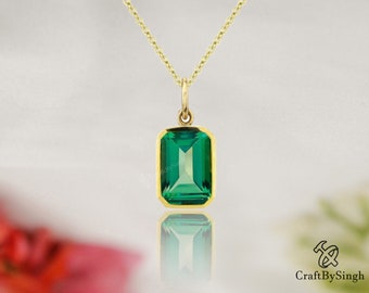 Emerald Solitaire Bezel Set Pendant Necklace, 925 Solid Silver or Gold Filled, Simulated Emerald Quartz, Women Necklace Minimalist, Mom Gift