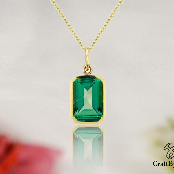 Emerald Solitaire Bezel Set Pendant Necklace, 925 Solid Silver or Gold Filled, Simulated Emerald Quartz, Women Necklace Minimalist, Mom Gift