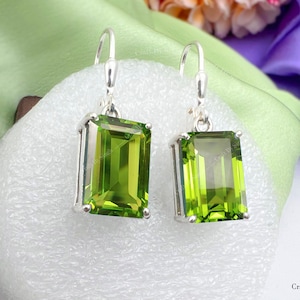 Peridot Silver,14k Gold Leverback Earring Peridot Emerald Cut Octagon 10 x 14 Dangle Drop Earrings August Statement Classic Handmade Earring