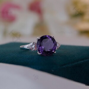 Round Amethyst 10mm Accent Solitaire Anniversary Gift Ring, 14k Gold Vermeil, 925 Sterling Silver CZ Simulated Diamond Trillion 3 stone Ring