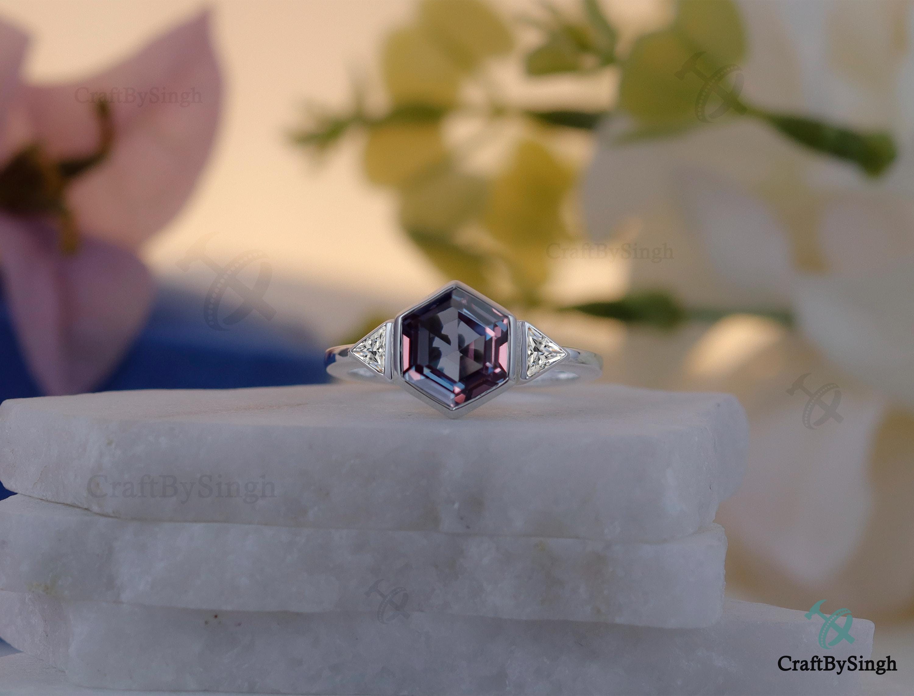 Color Changing Alexandrite 8 Mm Hexagon Ring, Blue Purple Alexandrite ...