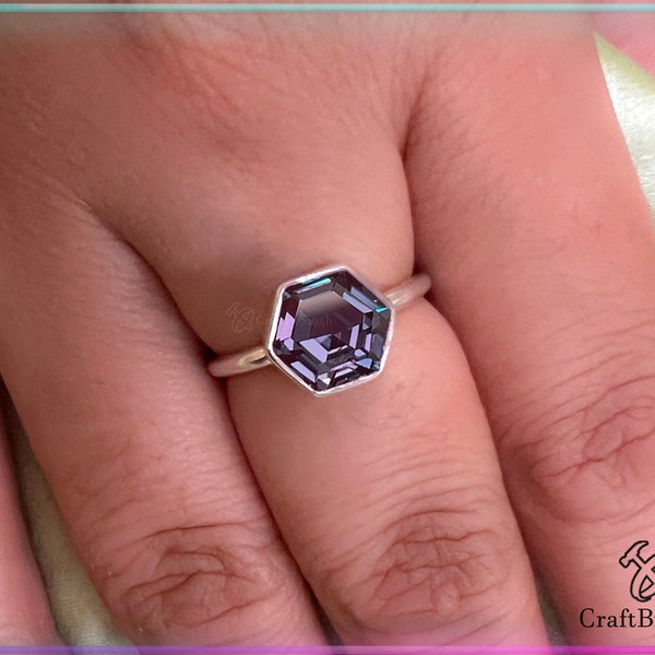 Hexagon Alexandrite Quartz Gemstone Ring 14k Gold Fill, Blue and Purple Bi Color Stone, Alexandrite Ring Solid Handmade, Silver, Rose Gold