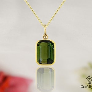 Green Tourmaline Women Pendant Necklace, Emerald Cut 14k Gold Filled, Delicate Minimalist, Dainty Tourmaline Necklace, October Birthstone