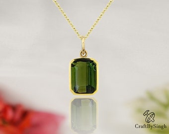 Green Tourmaline Women Pendant Necklace, Emerald Cut 14k Gold Filled, Delicate Minimalist, Dainty Tourmaline Necklace, October Birthstone