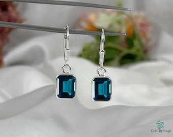 Orecchini pendenti in vermeil d'oro con topazio blu di Londra: orecchini pendenti con taglio a smeraldo e incastonatura a castone, orecchini a goccia, regalo di Natale per lei