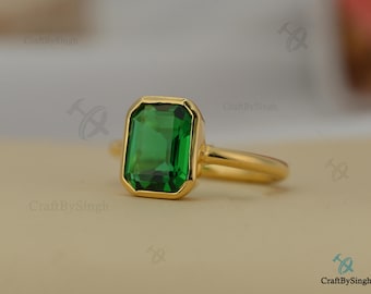 Green Emerald Quartz Ring, Emerald Cut 7x9mm Stone,14k Gold Vermeil 925 Sterling Silver, Solitaire Statement Ring, May Birthstone Women Ring