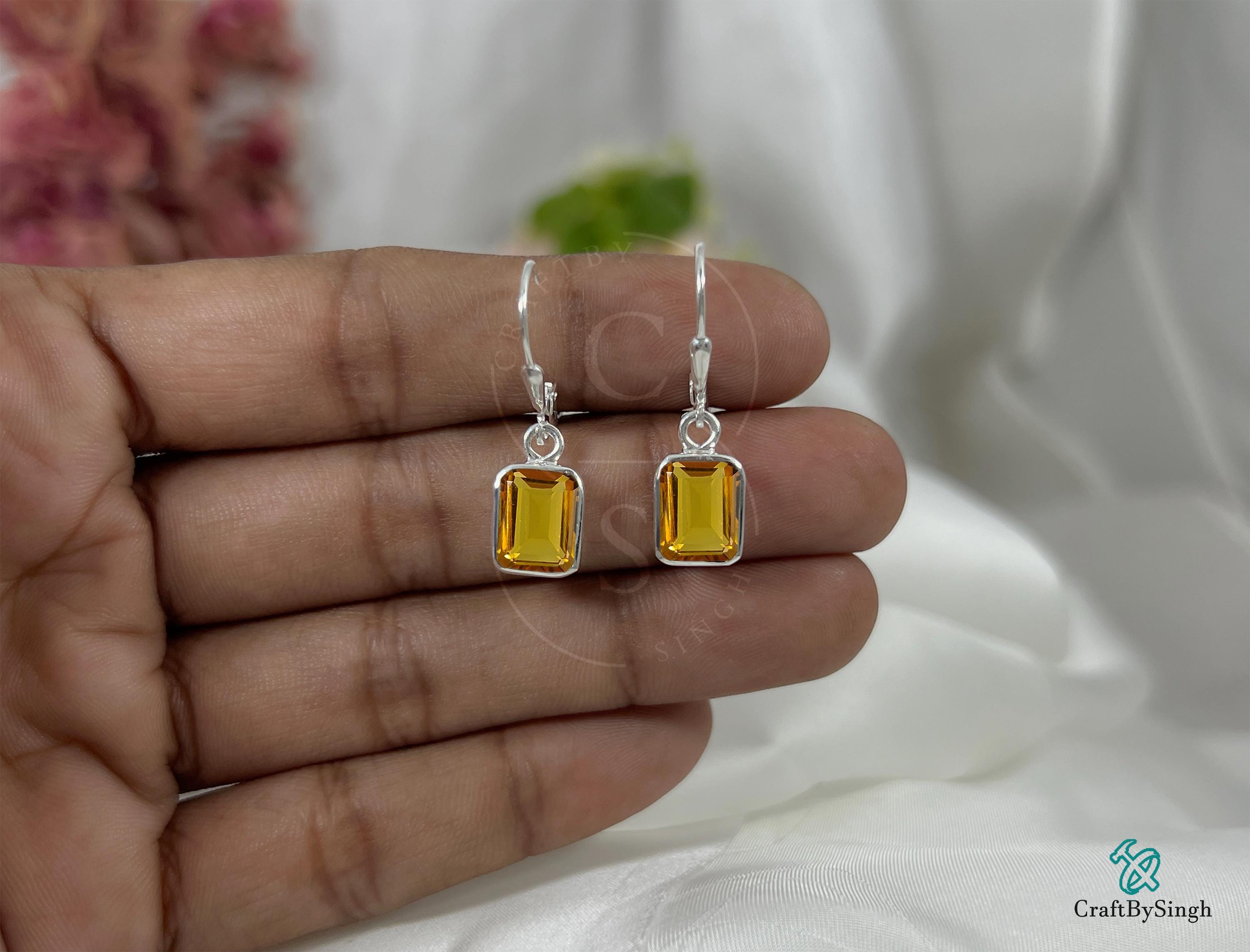 Boucles D'oreilles Citrine Plaqué Or Jaune - Dormeuses Minimalistes - Neuf Avec étiquettes