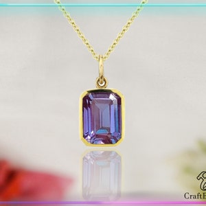 Dainty Alexandrite Pendant, 14k Gold Fill Bi Color Purple-Blue Alexandrite, Minimalist Emerald Cut Bezel Set, Women Pendant Necklace