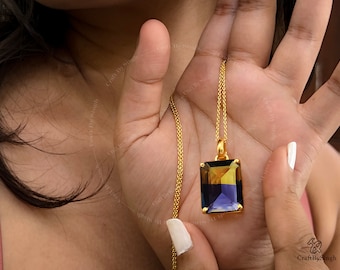 Ametrine Pendant Necklace, Bi Color Quartz Necklace 14k Gold or 925 Sterling Silver, Purple Yellow Stone Jewelry, Large Pendant Women Gift