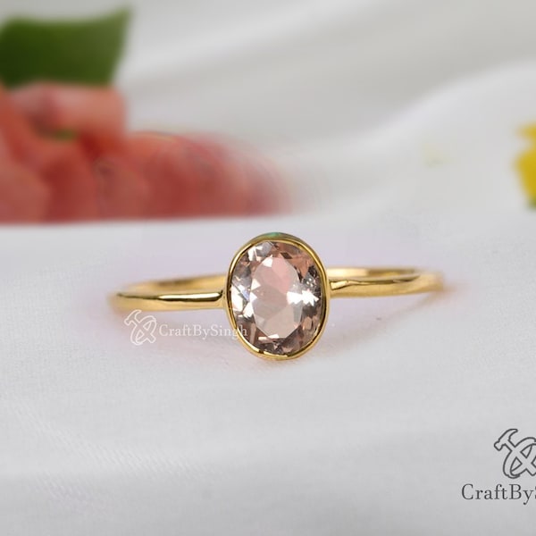 Dainty Morganite Ring Gemstone Ring, 6 x 8 Solitaire Ring 925 Sterling Silver Ring, 14k Gold Fill, Stacking Minimalist Ring, Women's Ring