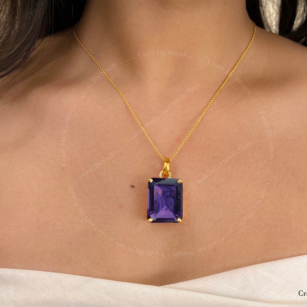 Large Amethyst Pendant, 14k Gold Or Silver Women Necklace, Emerlad Cut 18 x 23mm, February Birthstone Gift, Solid Handmade, Purple Jewelry
