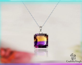 Ametrine Square Pendant Necklace, Huge 14mm Ametrine Princes Cut Solitaire, Women Statement Necklace, Long Gold Necklace 925 Silver Handmade