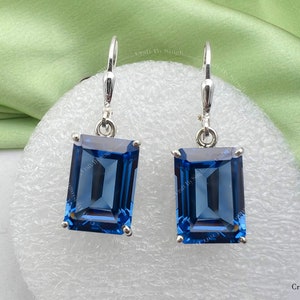 Iolite Earrings, 10 x 14 Octagon Emerald Cut Dangle Drop Leverback, Blue Stone Earrings, 925 Sterling Silver, 14k Gold Vermeil,Mothers Gift