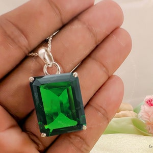 Tsavorite Garnet  Emerald Cut Pendant Necklace, Green Crystal Rectangular 18 x 23 mm, Solid Handmade Silver or 14k Gold, Women Gift Jewelry