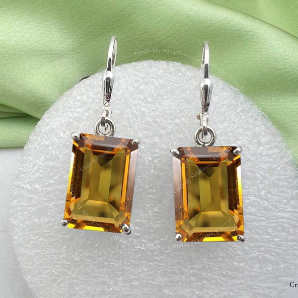 Citrine Dangle Drop Earrings, 925 Silver Leverback Dangle Drop Earrings, Emerald Cut Citrine Earrings, November Birthstone Earrings