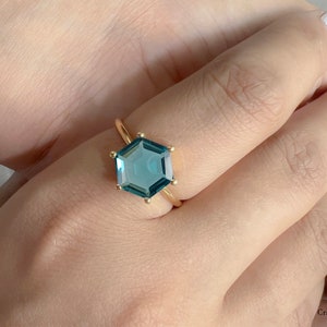 Teal Sapphire Ring, Hexagon Blue Green Sapphire Ring, 925 Silver or 14k Gold Vermeil, Dainty Ring,Prong Set, September Birthstone Women Ring