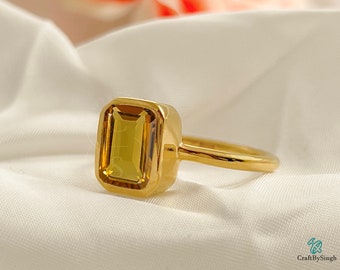 Citrine Solitaire Ring, Emerald Cut 7 x 9 Citrine Ring, 925 Sterling Silver, Gold Vermeil Solid Handmade Ring, Women Everyday Ring, Mom Gift