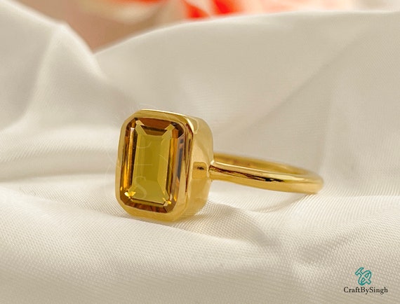 Citrine Solitaire Ring, Emerald Cut 7 x 9 Citrine Ring, 925 Sterling Silver, Gold Vermeil Solid Handmade Ring, Women Everyday Ring, Mom Gift