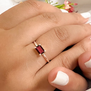 Dainty Garnet Ring, Baguette Garnet Ring, 14k Gold Vermeil or Sterling Silver, Dainty Thin Stacking January Birthstone, Solitaire Women Ring