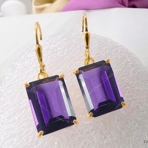 Amethyst Earrings, Emerald Cut Octagon 10 x 14 Leverback Dangle Earrings, 925 Sterling Silver or 14k Gold Fill Classic Handmade Women Dangle