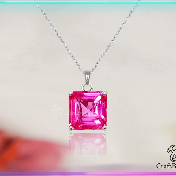 Large Square Rubellite Tourmaline Pendant Necklace, Long Gold Necklace, Solitaire Statement Necklace, 925 Silver Women Necklace Gift For Her