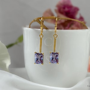 Radiant Cut Alexandrite Long Drop Earrings, 14k Gold Vermeil Earrings, Anniversary Gift, Wedding Earrings, 925 Silver Fine Handmade Gift