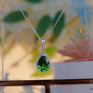 Tsavorite Garnet CZ Accent Necklace, 10x14mm Teardrop Tsavorite & Cubic Zirconia, 925 Sterling Silver, Anniversary Jewellery Set For Her