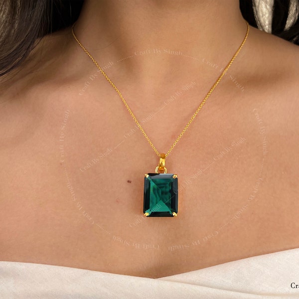 Extra Large Teal Sapphire Pendant, 14k Gold Or 925 Silver, Emerald Cut 18 x 23mm, Blue Green Stone, Anniversary Gift, Birthday Gift For Her