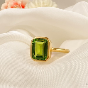 Peridot Ring, Baguette Peridot Ring, 14k Gold Vermeil or Sterling Silver, August Birthstone, Solitaire Women Ring, Bezel Set Handmade Ring