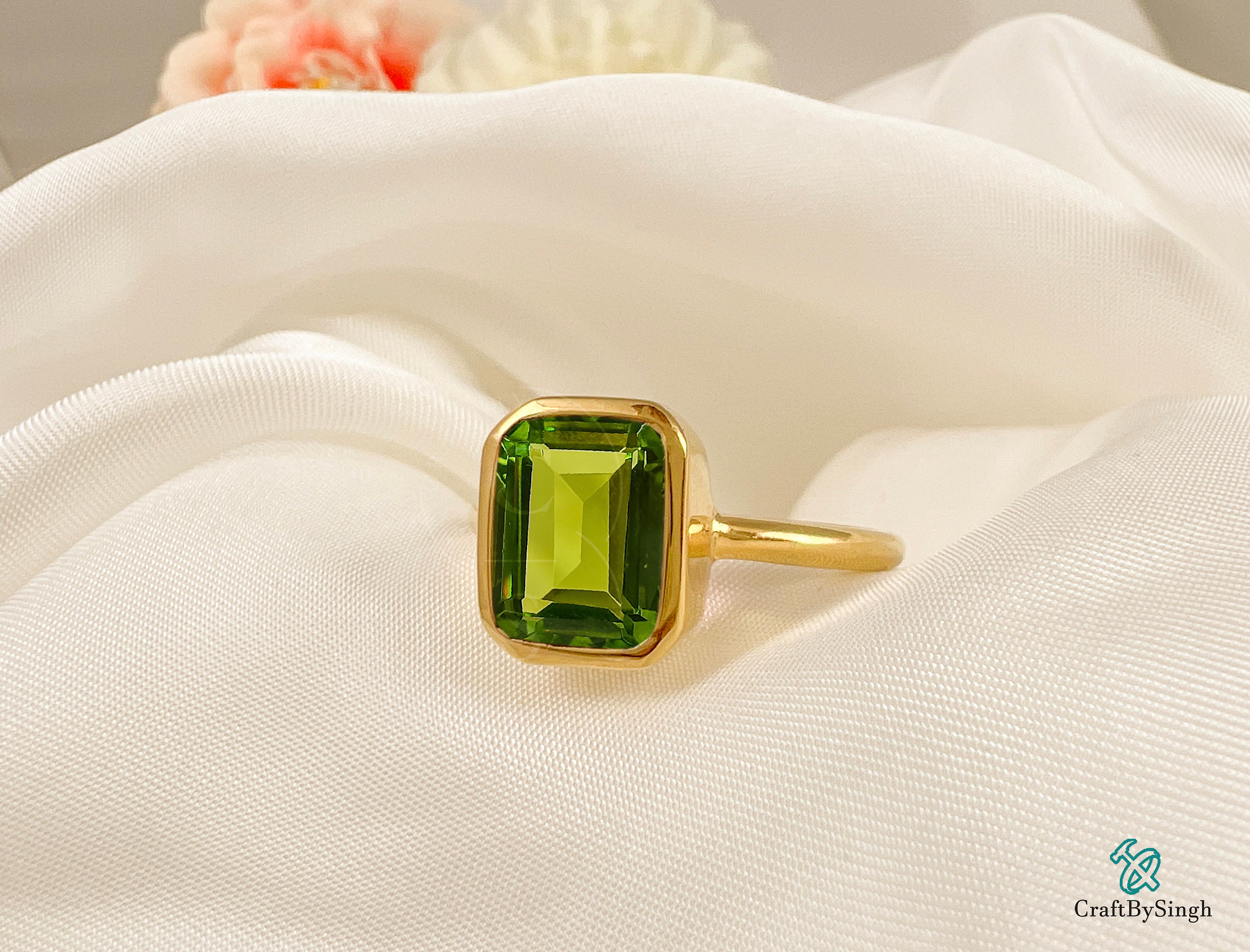 Peridot Ring, Baguette Peridot Ring, 14k Gold Vermeil or Sterling Silver, August Birthstone, Solitaire Women Ring, Bezel Set Handmade Ring