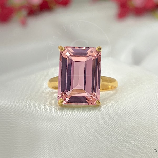 Emerald Cut Morganite Ring, Solid 925 Silver or 18k Gold Filled, Rectangular 12 x 16mm Pink Morganite Statement Wedding Engagement Ring