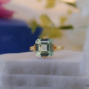 Green Amethyst Ring: 14k Gold Vermeil Sterling Silver Asscher Cut