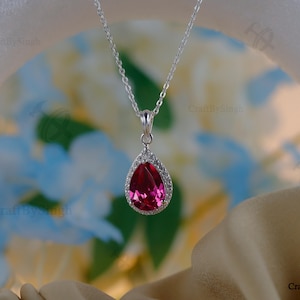 Red Ruby Halo Necklace Set, 10x14mm Pear Ruby With Zirconia, 14k Gold Vermeil, 925 Sterling Silver Earring, Wedding Gift Women Jewellery Set