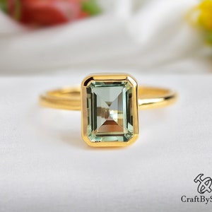 Green Amethyst Ring, Solitaire Prasiolite Ring, Emerald Cut Amethyst Bezel Set, 14k Gold Fill or 925 Silver, Mothers Gift, Women Ring