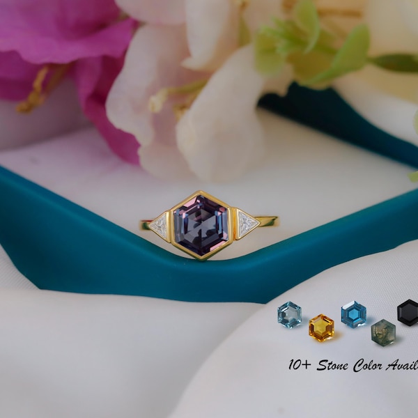 Color Changing Alexandrite 8 mm Hexagon Ring, Blue Purple Alexandrite, Triangle AAA Diamond Accents,14k Gold Vermeil,925 Silver,Gift For Her