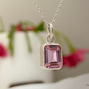 Dainty Morganite Pendant Necklace, Octagon 7x9 Emerald Cut, Minimalist Wedding Necklace, Bridesmaids Gift, 925 Solid Silver of Gold Vermeil