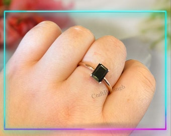 Black Tourmaline Ring, Rectangle Black Tourmaline Ring, 925 Sterling Silver 14k Gold Fill, Solitaire Ring, Daily Wear Women Ring, Gift Mom