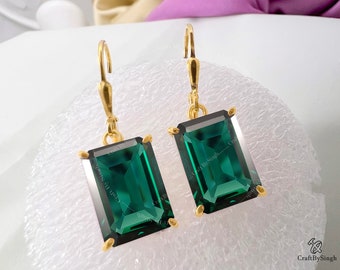 Teal Sapphire Earrings, Green Sapphire Earrings, Octagon Emerald Cut 10 x 14 Dangle Drop Earrings, 925 Silver or Gold Fill Leverback Dangle