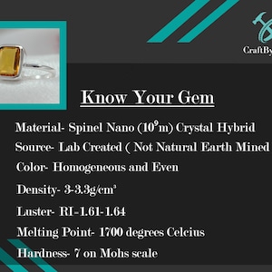 May include: A yellow gemstone ring with a square-shaped stone. The ring is made of silver and has a simple band. The image includes text describing the gemstone's properties, including its material, source, color, density, luster, melting point, and hardness.